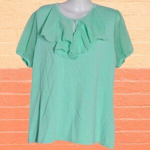 Cable & Gauge Ruffle Neck Mint Green Blouse Size X Large SeeThru Short Sleeves